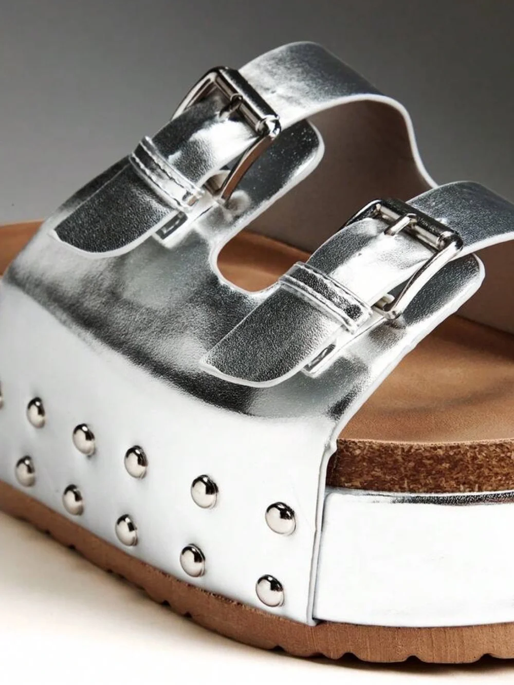 NEW Metallic Silver Double-Buckle Slide Sandal